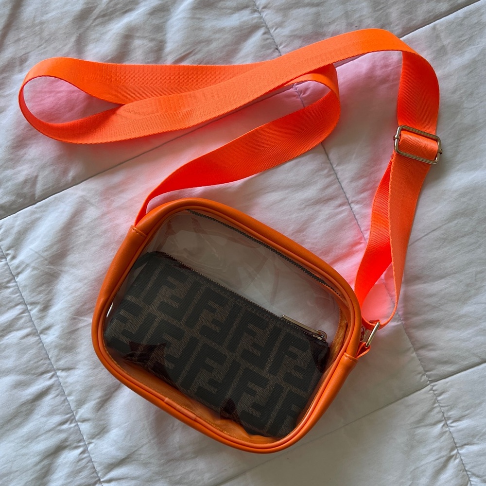 Boxy Clear Jelly Shoulder Crossbody Bag w/ Leather Trim in Neon Orange